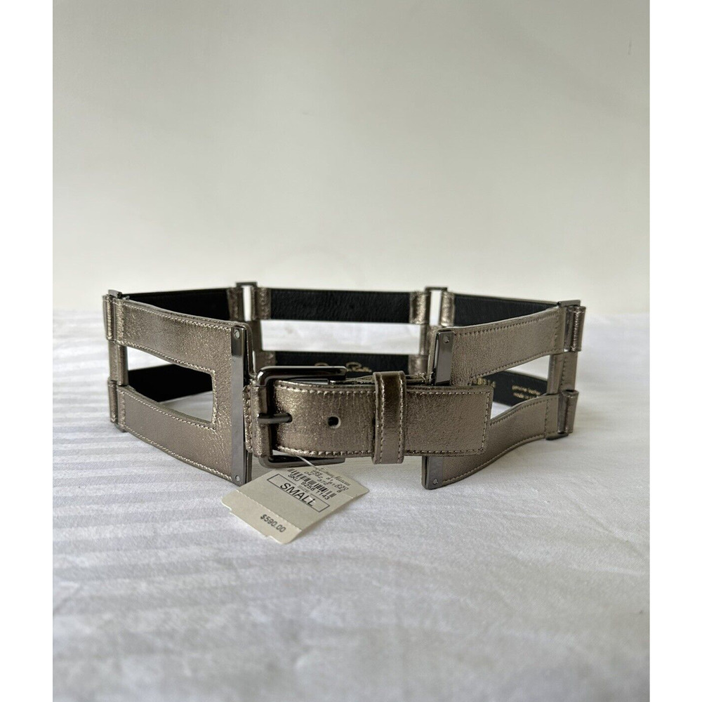 Oscar De La Renta $590 NWT Cage style wide sexy Leather Belt Size S/M , Metallic